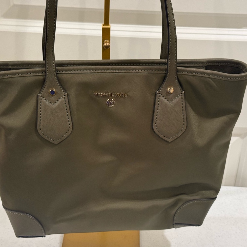 NEW Michael Kors Olive Nylon Eva Tote with Leather Trim ~ 14” L x 4.5” W x 10” H - Picture 3 of 11